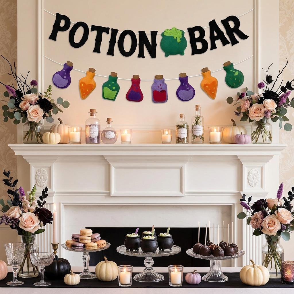 Vintage Halloween Felt Potion Bar Banner-Horrible Witches Haunted House Theme Magic-Halloween Festival Holiday Parfty Decor