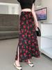 French Retro Print Chiffon A-Line Midi Skirt with Slit - Seaside Vacation Style