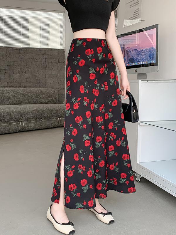 French Retro Print Chiffon A-Line Midi Skirt with Slit - Seaside Vacation Style