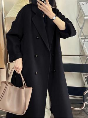 2025 Herbst/Winter Damen Woll-Oversize Zweireihiger Schwarzer Mittellanger Mantel, Koreanischer Stil.