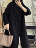2025 Autumn/Winter Women's Wool Loose Double-Breasted Black Mid-Length Coat, Korean Style.