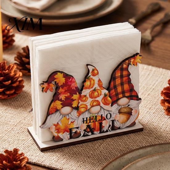 Festival Tabletop Napkin Rack Thanksgiving Gnome Turkey Holder, Wooden Table Storage Rack, Autumn Theme Home Decor Holiday Tissue Holder for