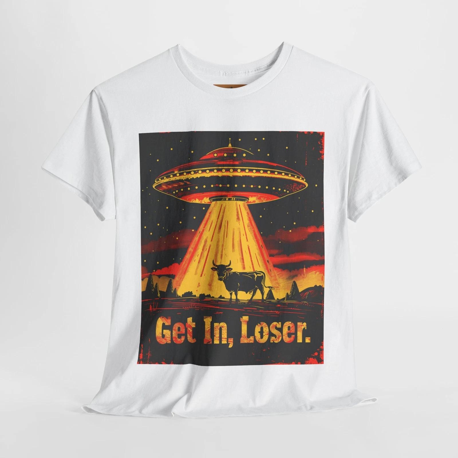 Get In, Loser  UFO Abduction T-Shirt – Retro Sci-Fi Cow & Glowing Beam XL