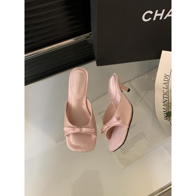 Spring and Autumn 2025 New French Bow Square Head Open Toe Fine Heel Cool Slippers Fairy Wind Wear