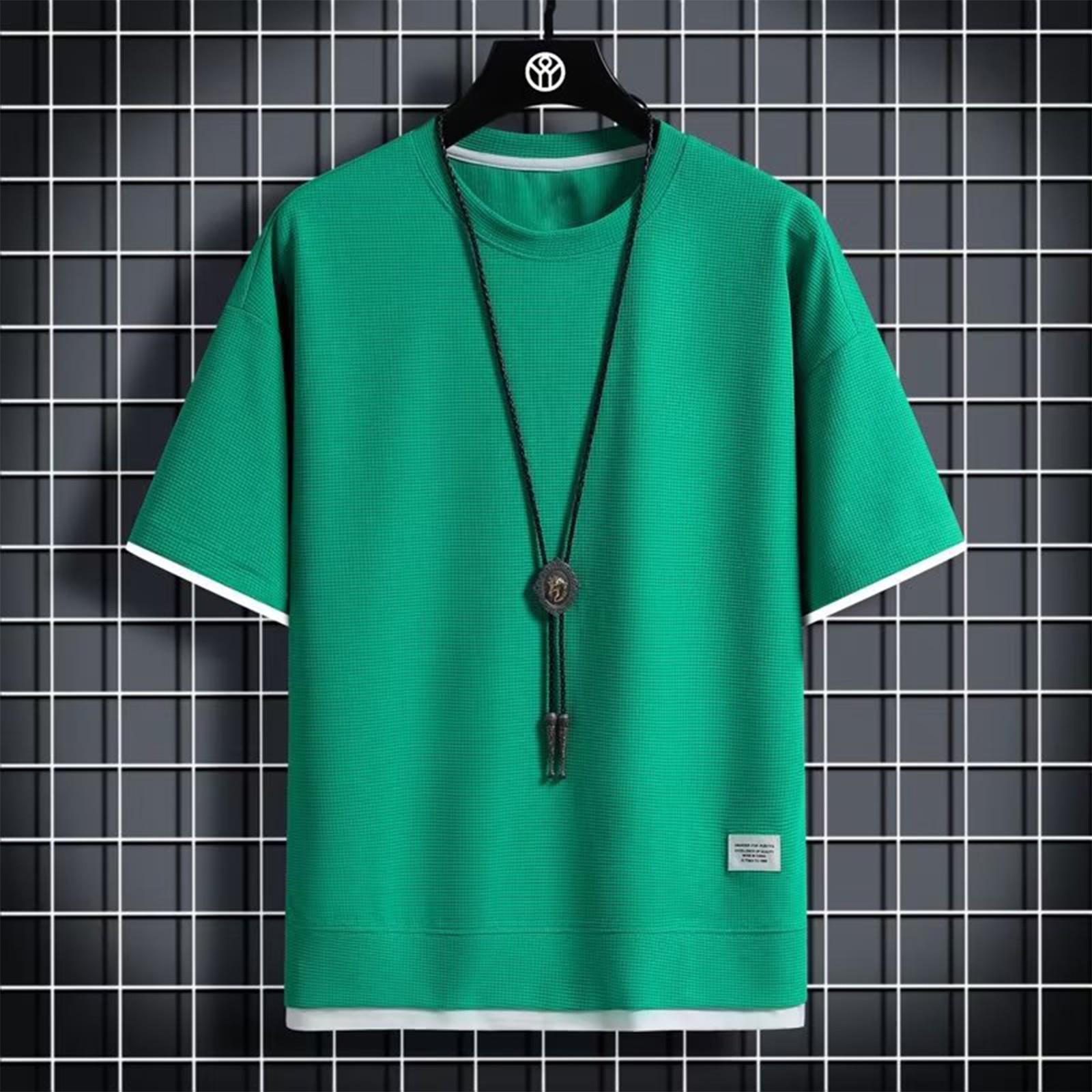 

Мужская летняя футболка с круглым вырезом и короткими рукавами, тонкий тип «два в одном», рукав до локтя L зелёный