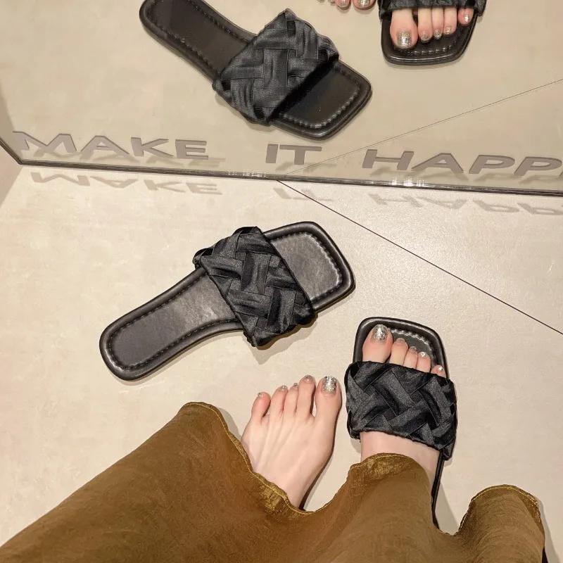Fashion Summer Satin Flat Women's Slippers Casual Fabric Shallow Mouth Non-Slip Wear-Resistant Fashion Outdoor Sandals Zapatillas Mujer