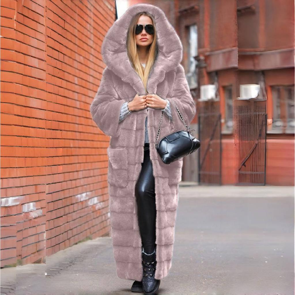 VAYLA Luxuriöser Langer Kunstfellmantel mit Kapuze Winterfelljacke Damen Fellrobe Winddichtes Design Langärmliger Cardigan Warm Dick Große Größe