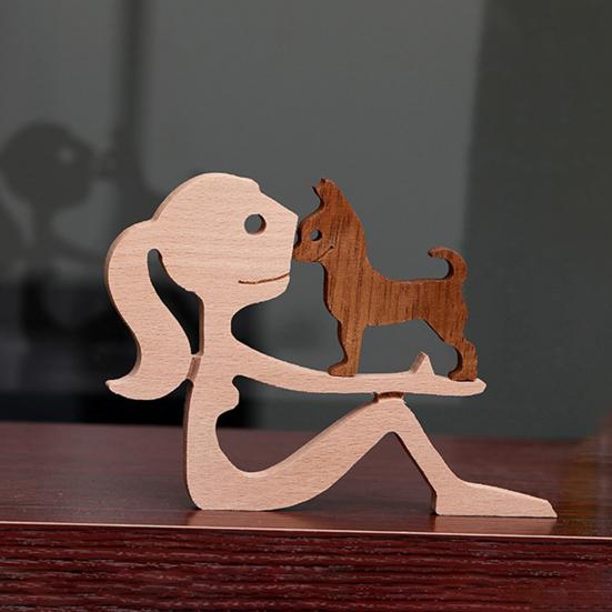 Hand Carved Wood Human And Dog Figurine Handmade Wooden Men Women Puppy Statue for Office Home Decor Decorative Sculpture for Dog Lovers