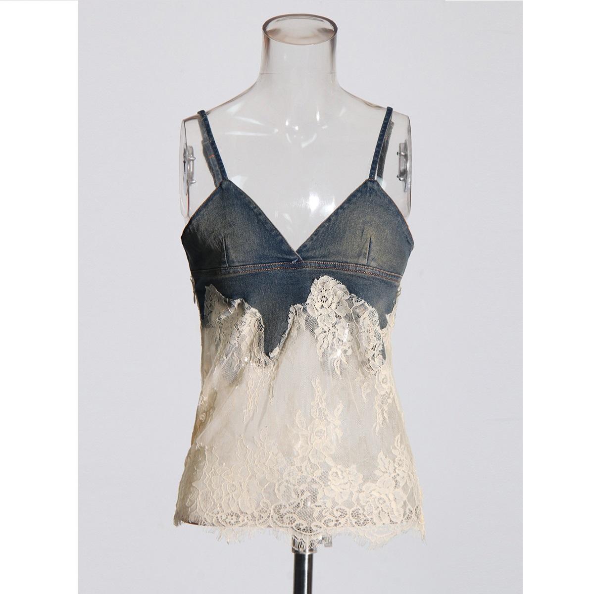 

Fashionable and Sexy Spicy Girl Style Lace Patchwork Camisole Top+drawstring Denim Fashionable Shorts for Women s Summer XL