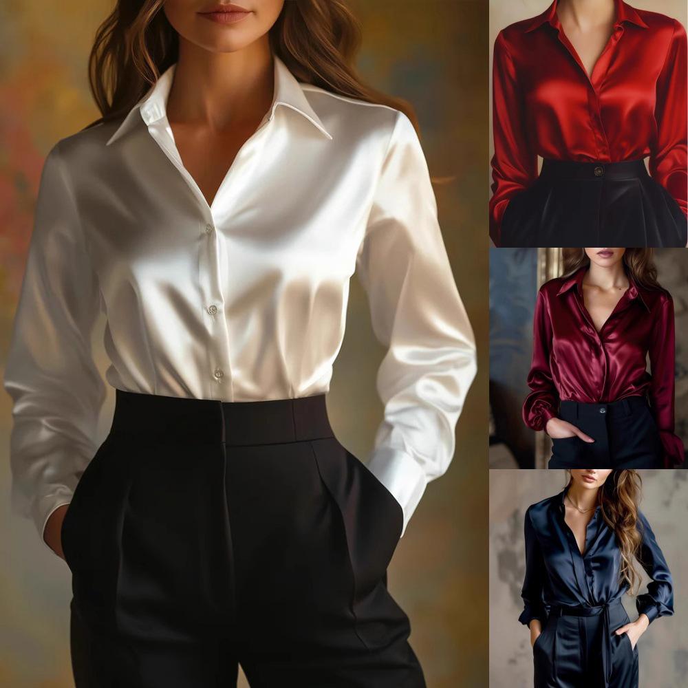 Elegant Autumn Solid Color Long Sleeve Button-Up Shirt for Women
