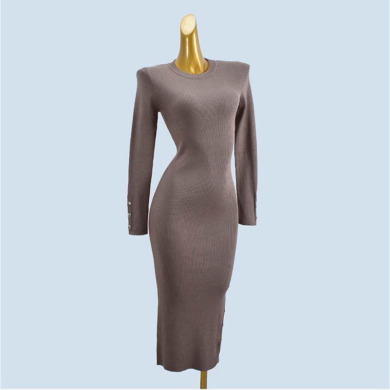 

Export Yuan Single Fashion Crew Neck Split Silm Hip Knitwear Figure-Flattering Easiest for Match Autumn and Winter Inner Mid-Length Dress Kakh us10