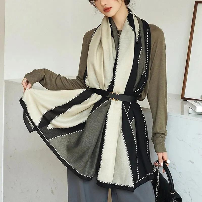Fashion Printed Stripe Geometry Shawl Cotton Viscose Scarf Women Outdoor Sunscreen Muffler Hijab 182*83Cm