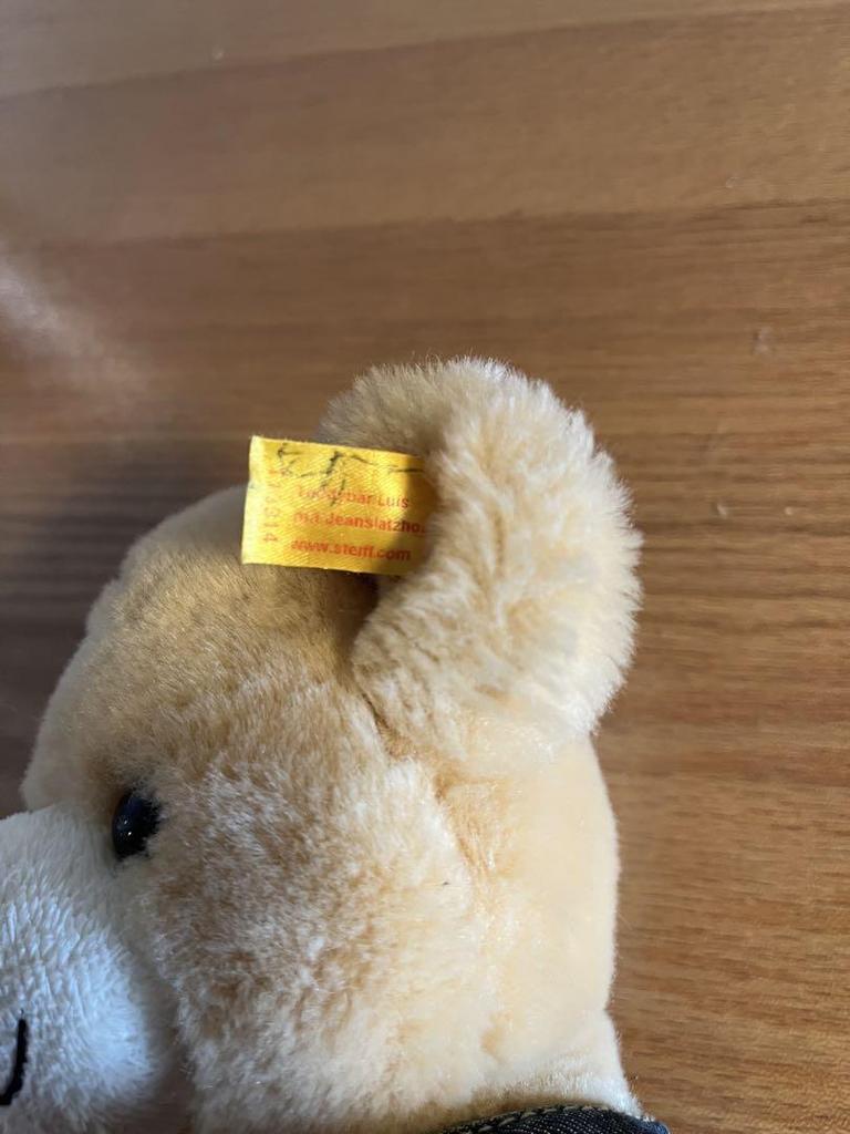 [USED] Steiff denim overalls and a stuffed Steiff teddy bear, Louis Bear.