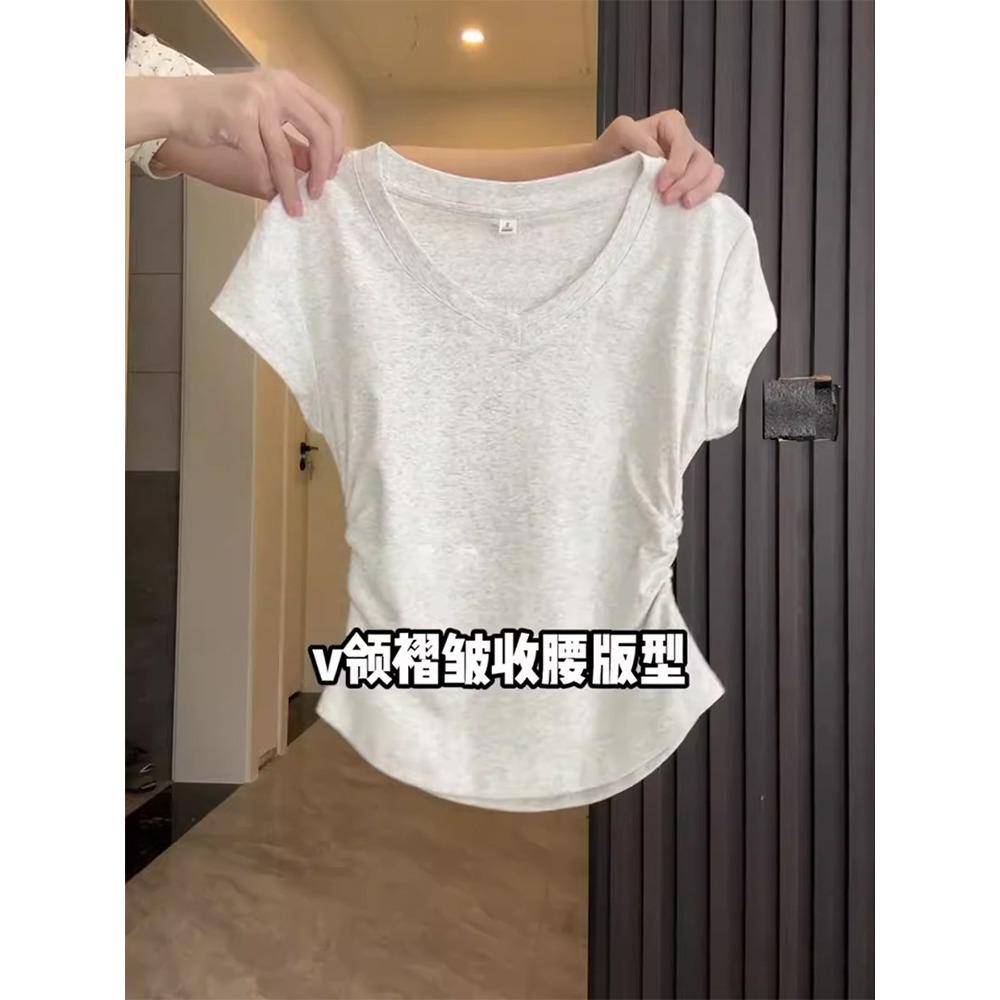 Cotton Blue Shoulder Short Sleeved T-shirt for Women In Summer, Slim Fit and Stylish, Pleated Waist Cinching Short T-shirt Top