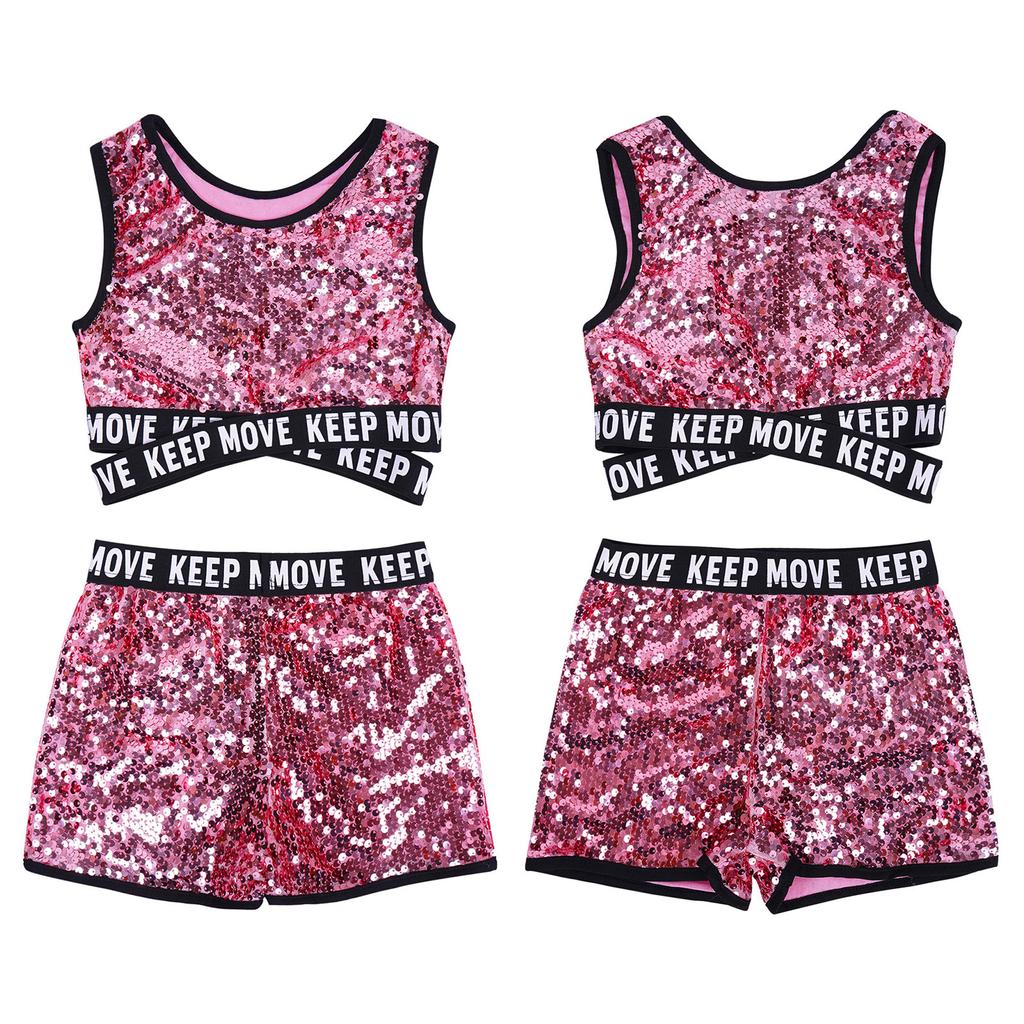 Girls Sparkle Sequins Dance Outfit - Sleeveless Mesh Top & Shorts Set For Jazz, Hip Hop, Latin, Performance & Competition (Children's Dance Costume)