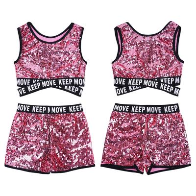 Kids Girls Shiny Sequins Crop Top with Shorts Modern Jazz Dance Costume Dancewear Outfits Sets