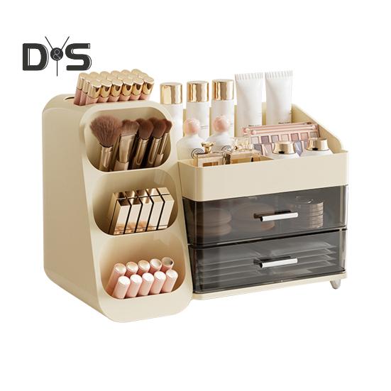 

Коробка для хранения косметики с ящиками, большой вместимостью, нескользящим основанием, легкой очисткой, вместительным косметическим витринным шкафом светло-желтого