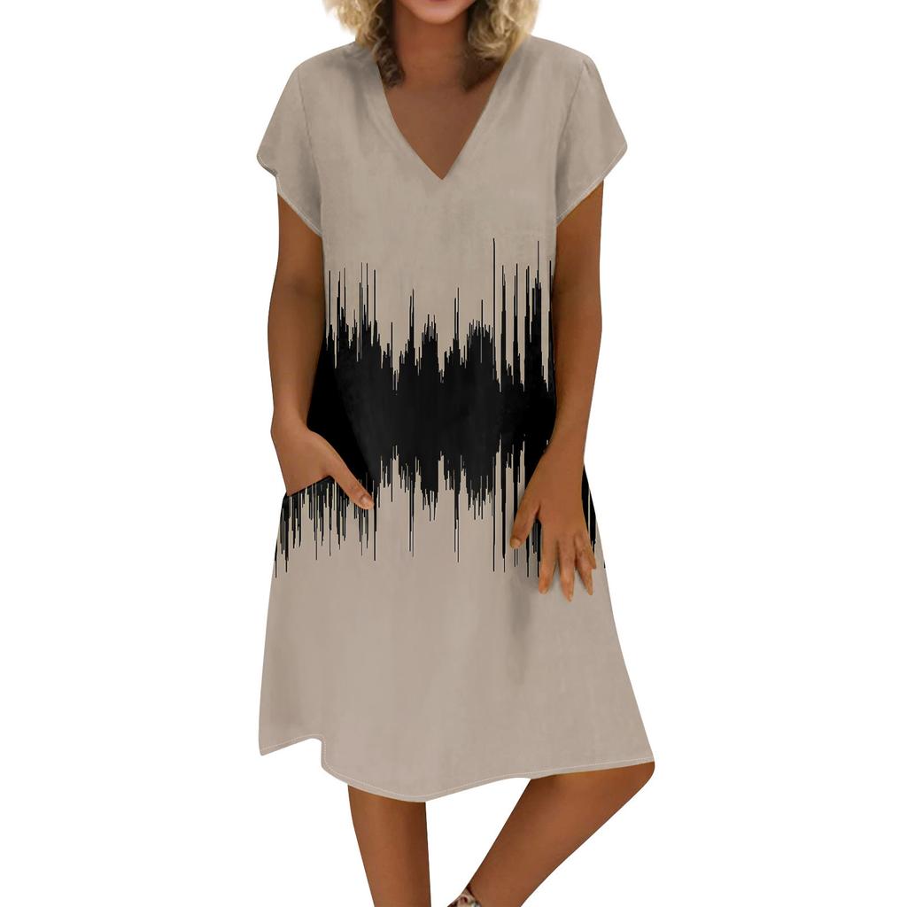 Women's Summer V-neck Short Sleeve Printed Cotton And Linen Dress