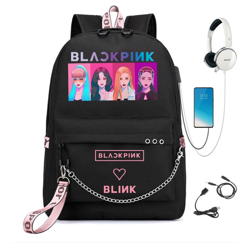 Fashion Black Backpack Pink Girl School Bag Travel Bag Laptop Chain Backpack Usb Headphone Port