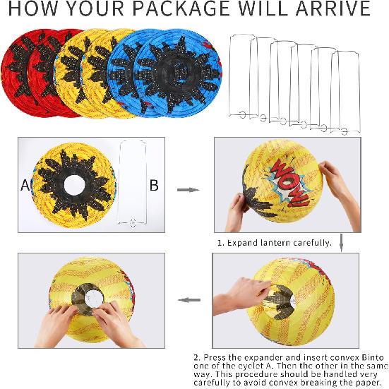 Blulu 6 Pcs Hero Themed Party Decorations Fun Hero Paper Lanterns Hanging Comic Wow Zap Boom Lanterns Birthday Party Favor for Kids Boys Adults Baby 6
