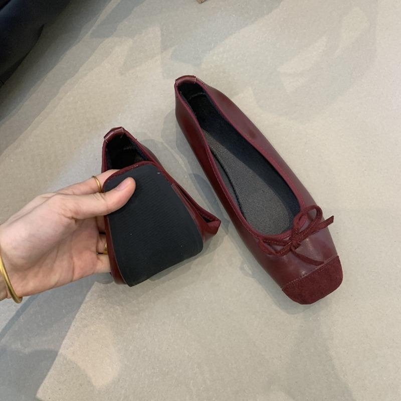Sheepskin version~ Bow light mouth ballet single shoes women's versatile square head gentle flat grandma shoes