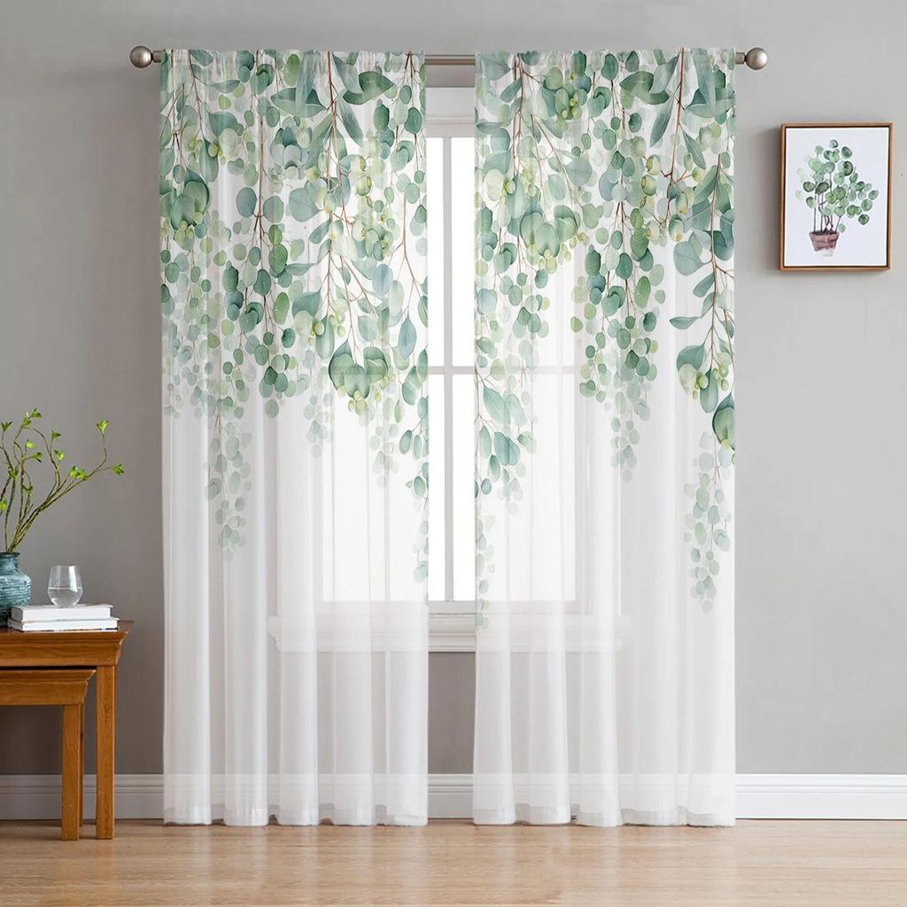 Flower Watercolor Leaf Bud Window Curtains For Living Room Bedroom Kitchen Chiffon Sheer Window Treatment