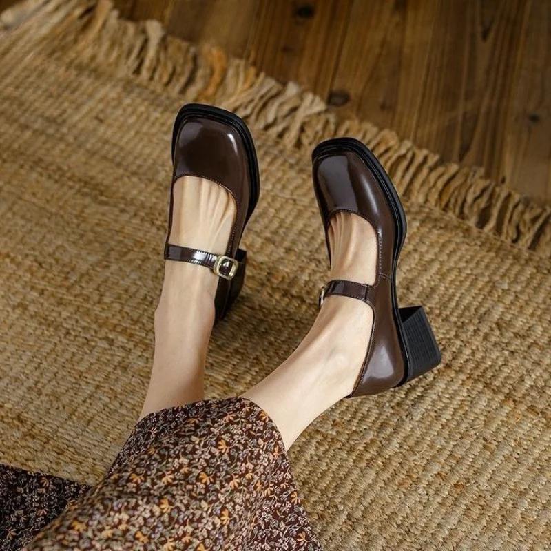 Fashion Women's Shoes Block Heel Square Toe with Medium Heels Japanese Style Lolita Mary Jane Gothic Chunky Buckle Ladies Footwear Trend