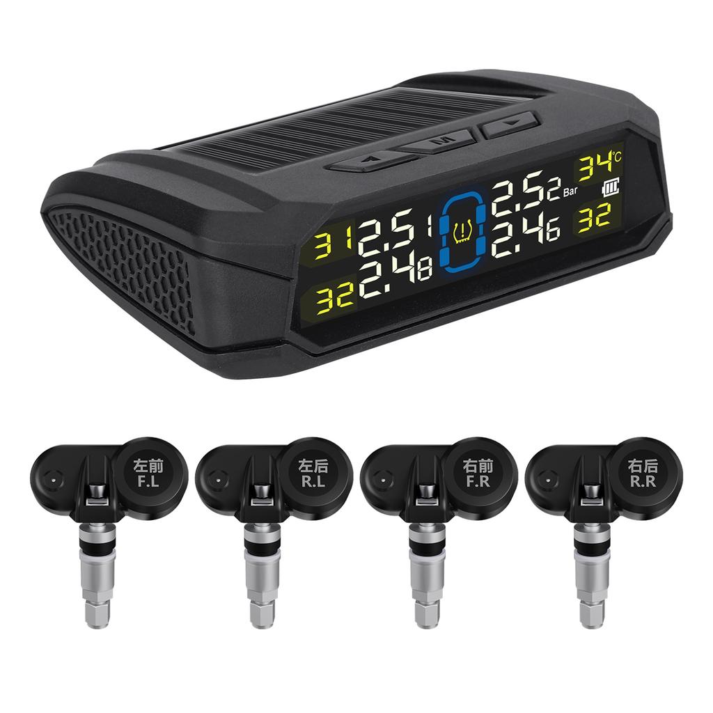 Wireless Tire Pressure Monitor HD LCD Display Real Time Alert Solar Powered USB Charging Tire Pressure Monitoring System