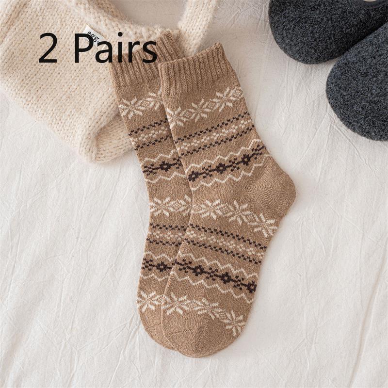 2 Pairs of Autumn-winter Retro Fair Isle Snowflake Wool Socks - Children's Mid-calf Socks, Thick and Warm, Versatile and Suitable for All Occasions.