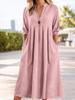 European American Retro Cotton Linen V-Neck Pocket Dress - Casual, Loose, Seven-Sleeve Spring Fashion for Women