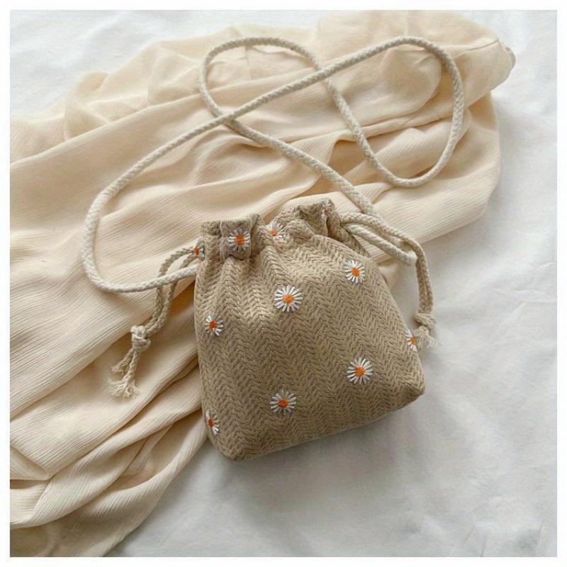 1pc Chic Women’s Drawstring Bucket Bag - Lightweight Polyester Crossbody with Floral Embroidery, Adjustable Strap & Decorative Flower Design