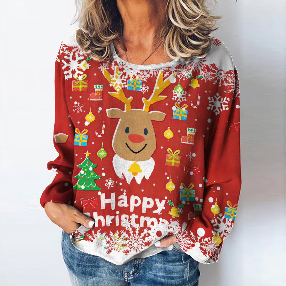 Christmas Women's T-shirt Autumn O-neck Sweater Snowman Print Long Sleeve Female Harajuku Streetwear Oversized Clothing For Lady