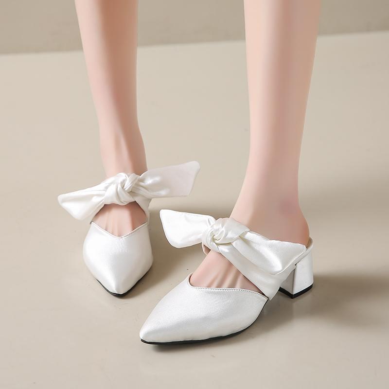 Baotou Thick Slippers for Women Pointy Head Shallow Mouth Butterfly Knot Set Foot Anti-slip Wear-resistant High Heels