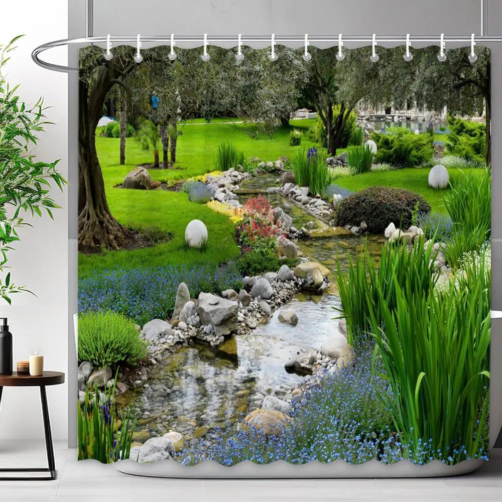 Outdoor Scenic Forest Waterfall Shower Curtain Tropical Jungle Plants Green Leaves Natural Landscape Fabric Shower Curtain Decor