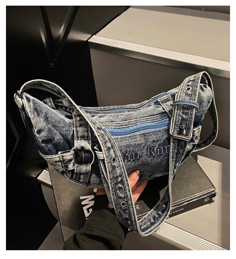 Τσάντα Crossbody από Τζιν, Απλή Τσάντα με Κέρατο, Ρετρό Πλυμένη Φθαρμένη Τσάντα