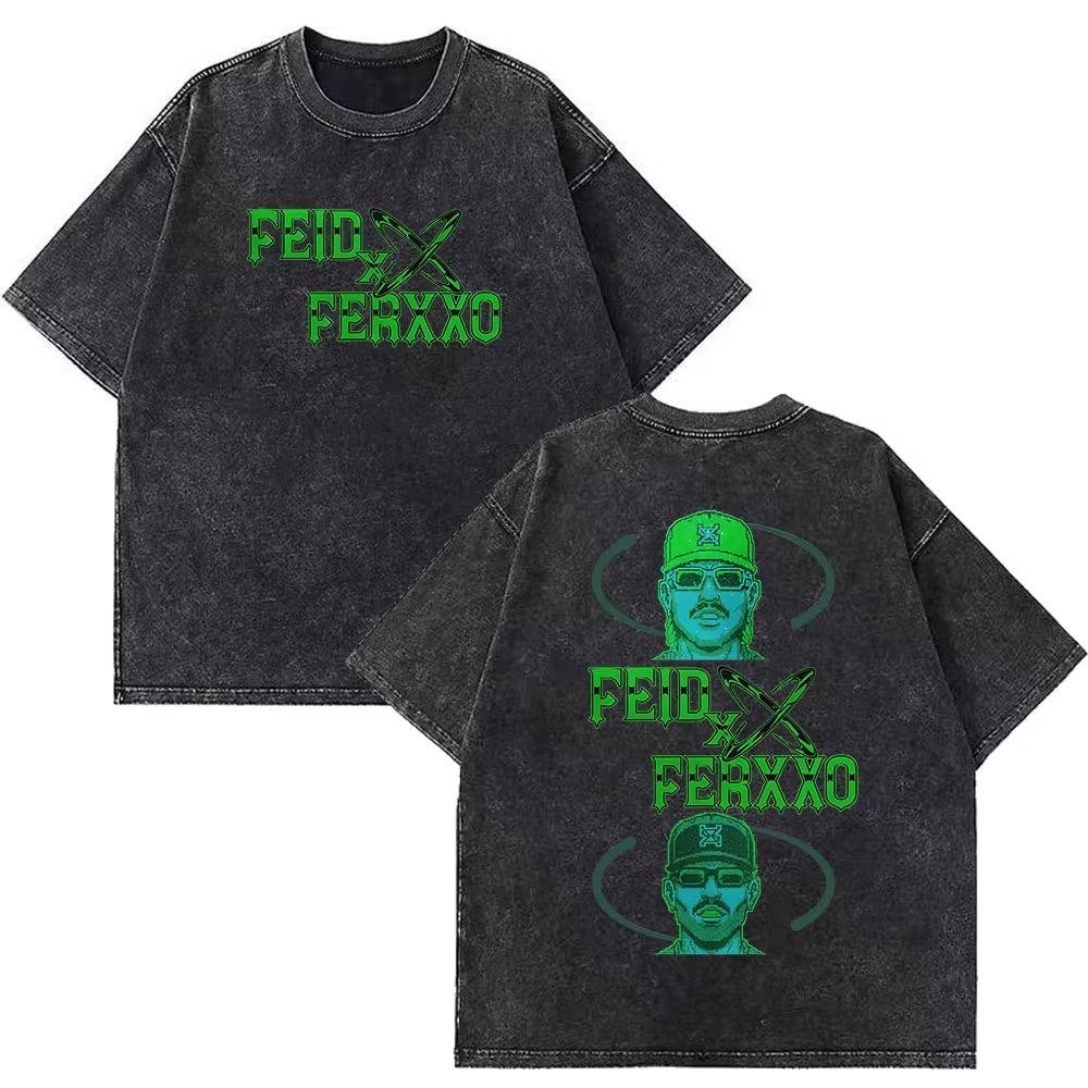 Rapper Feid Ferxxo Tour Print Vintage Washed Tshirts Men Women Fashion Hiphop Casual Loose Oversized Tshirt Fan Gifts Top
