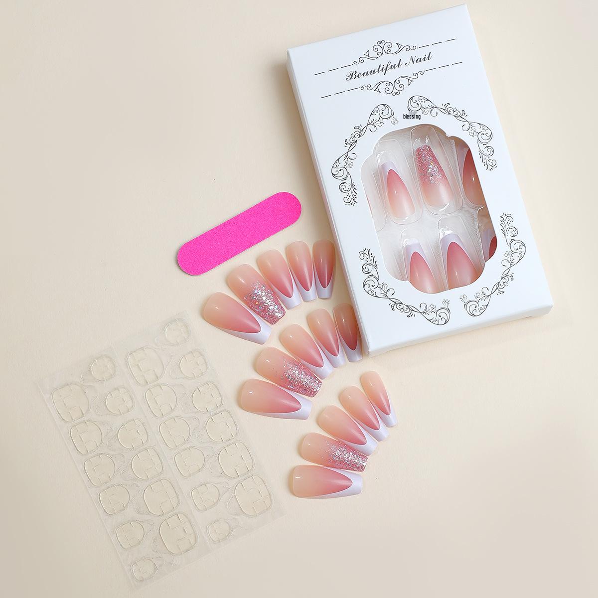 

Французский белый край Длинный трапециевидный носимый нейл-арт: Розовые, Прозрачные, С блестками, Съемные накладные ногти