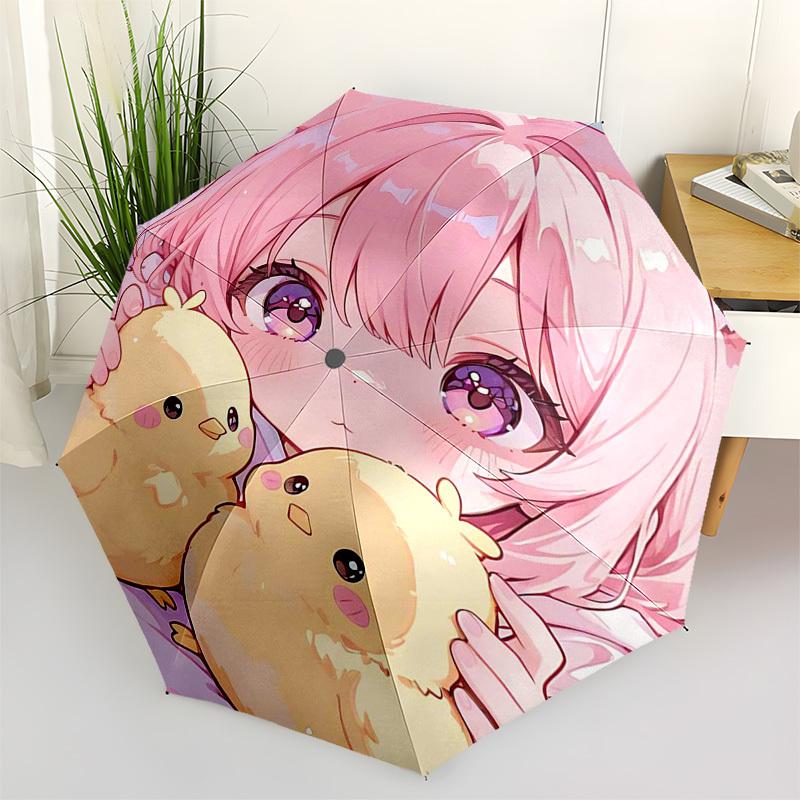 

1pc Pink Hair Anime Girl with Chicks Design Automatic Opening/Closing Outdoor Umbrella, Portable 3-Fold Design, 8-Rib Iron Frame Outdoor Umbrella