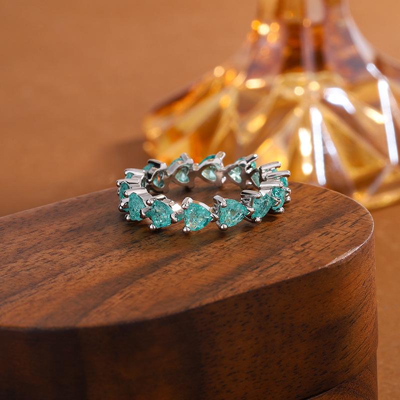 Luxury Emerald Paraiba Tourmaline Love Ring For Women  Silver Fashion Full Paved Heart CZ Eternity Jewelry Party Bridal Gift