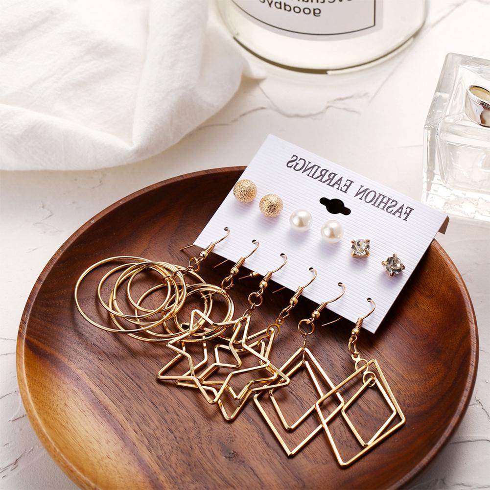 6pcs/set Women Creative Pearl Five-pointed Star Big Circle Earrings Ear Stud Jewelry Accessories