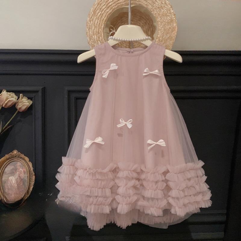 Girls' Summer Sleeveless Three-dimensional Bow Mesh Dress