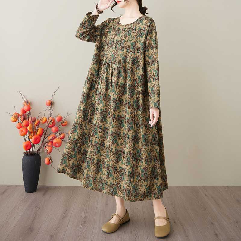 Spring and Summer New Vintage Cotton-Linen Round-neck Floral Pockets Long-Sleeved Dress for Women Loose Fit for Slimming - A-Line Skirt