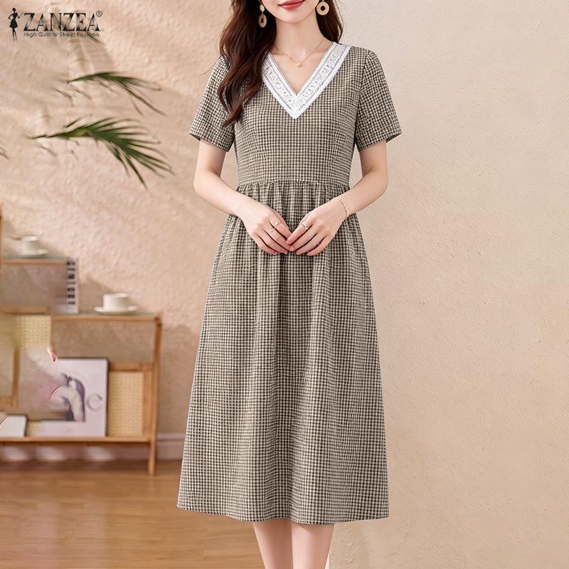 ZANZEA Women Casual V-Neck Plaid Print Loose Short Sleeve Dress