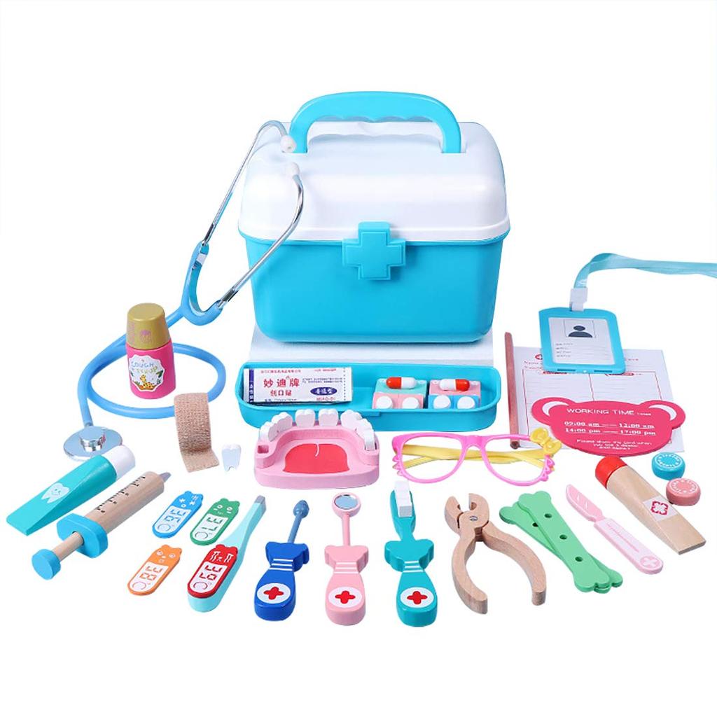 Wooden Teether Doctor Play Wooden Toy Pretend Play Set Mini Doctor Role Play Dentist Play with Storage Box Birthday Gift Baby Shower Gift for Girls