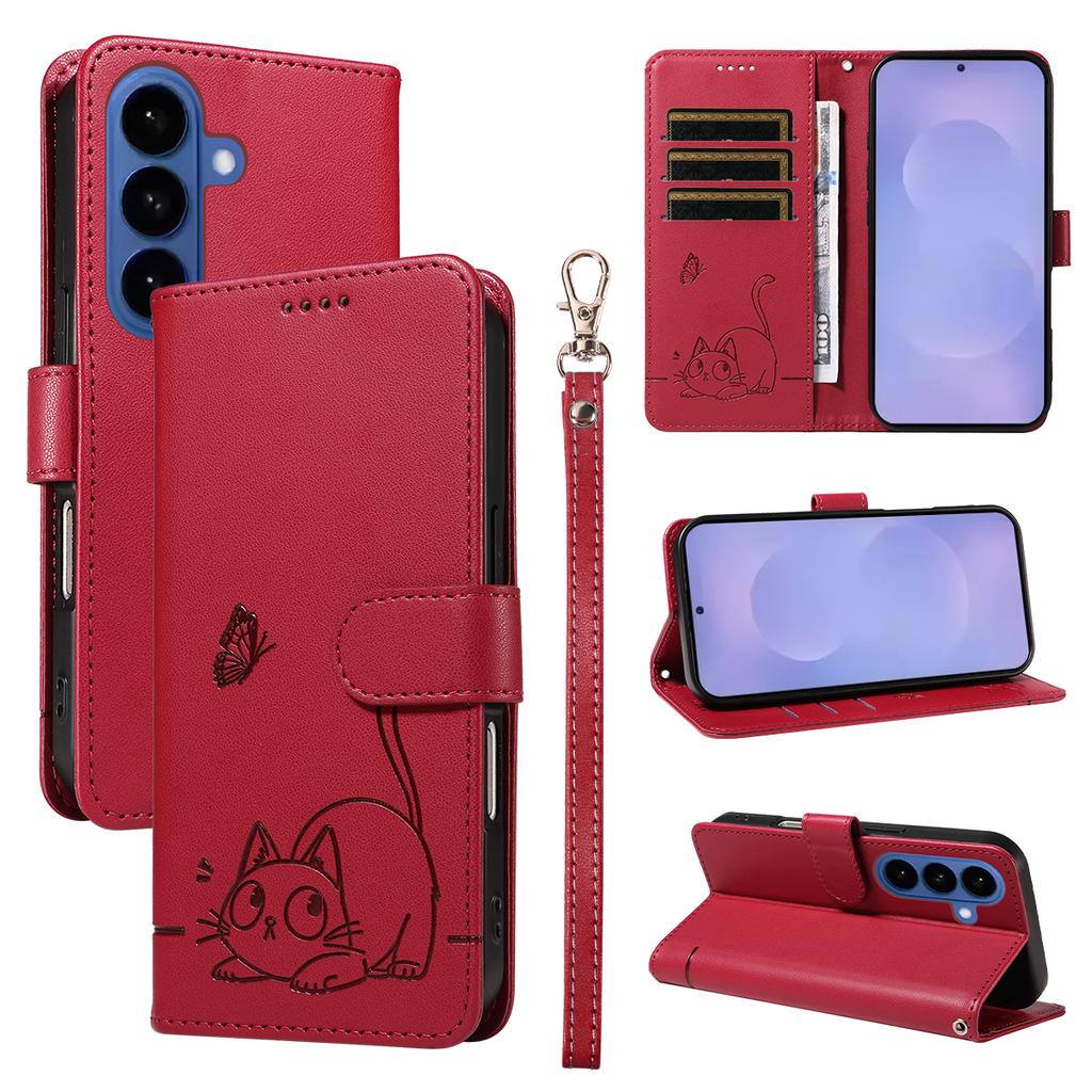 Magnetic Card Solt Wallet Leather Embossed Little Cat Phone Case For Samsung S26 Ultra S25 Plus A16 A57 A17 A07 Bag Pocket Cover