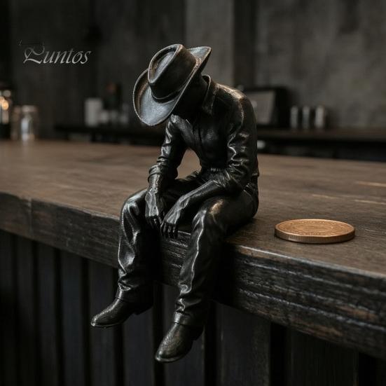 Retro Stijl Bureaubeeldje Westerse Cowboy Bureau Decoratie, 3D Geprint Randhangend met Zwaaiende Benen, Creatieve Verhalende Decoratie Mat Zwart