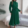 Autumn Winter Women Stand Collar Long Sleeve High Waist A Line Pleated Solid Long Dress Sizes S To XXXL