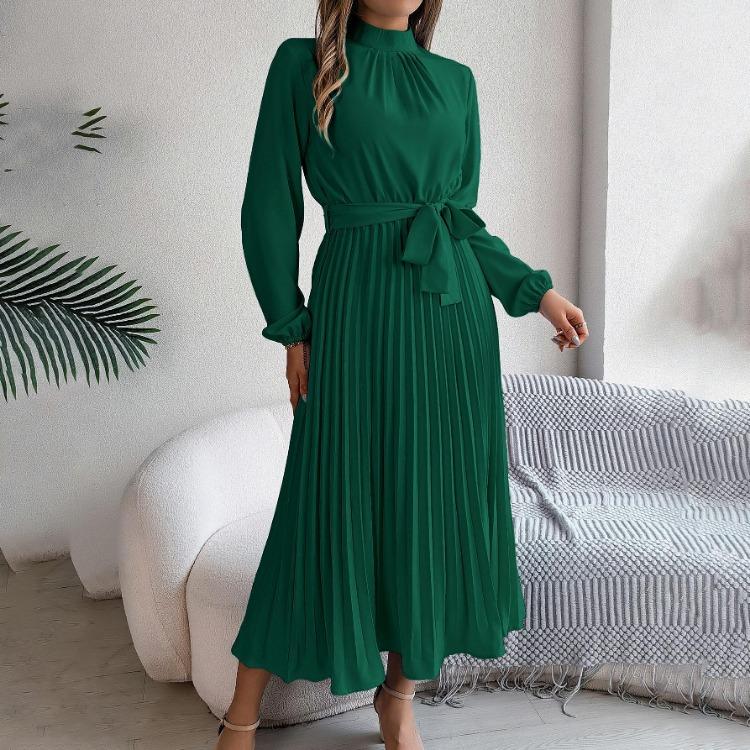 Autumn Winter Women Stand Collar Long Sleeve High Waist A Line Pleated Solid Long Dress Sizes S To XXXL