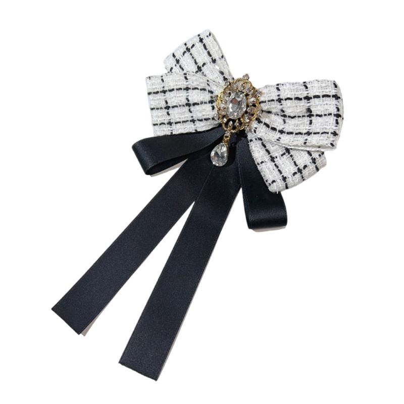 Vintage Plaids Ribbon Bowknot Brooch Pin Rhinestones Bowtie for Women Shirt Jabot Collar Pretied Necktie Clip Neckpiece