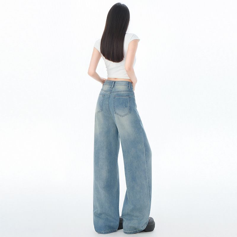 Niche Design Sense Glitter Powder Craft Wide-leg Jeans for Women In Summer Thin High Waist Loose Straight Floor Ripped Pants